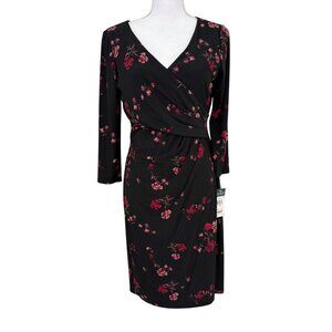 Lauren Ralph Lauren Dress New Size 10 Sheath Ruched Waist Lined Black Floral
